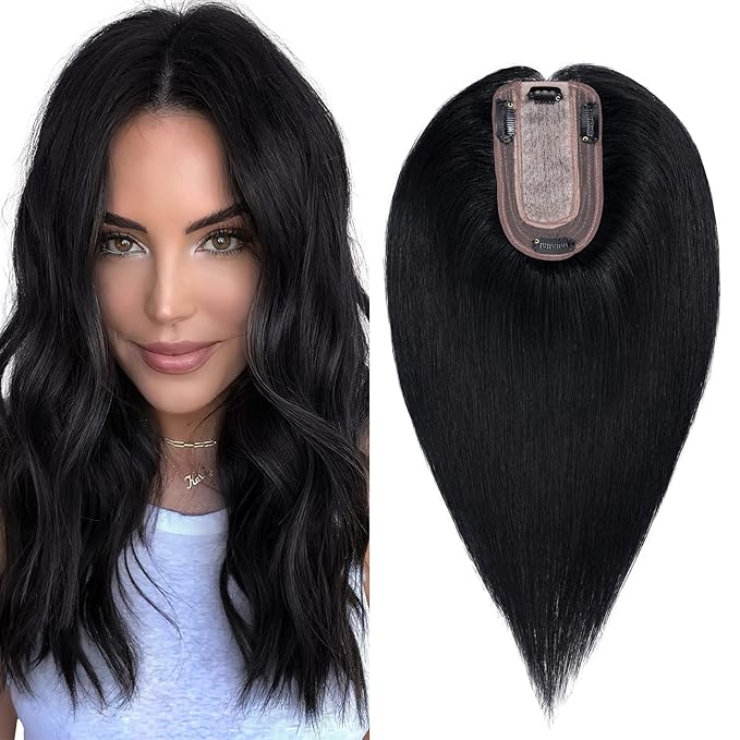 SEGO Real Human Hair Topper for Women, No Bangs Hair Topper with Anti-Slip Clips (18 Inches Jet Black)