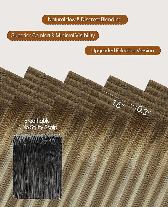 VINBAO Invisi Edge Tape in Hair Extensions Balayage Ombre Walnut Brown to Ash Brown and Blonde 45g 20pcs Injection Tape in Human Hair Extensions Invisible 16inch #3/8/22