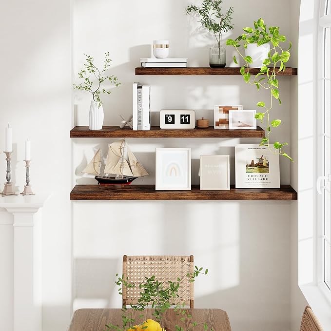 Fun Memories Rustic Wood Floating Shelves for Wall, 36 x 9 Wall Shelves Set of 2, Deep Floating Shelf for Kitchen, Living Room Storage & Display, Deep Wooden Bookshelf, Rustic Brown Color