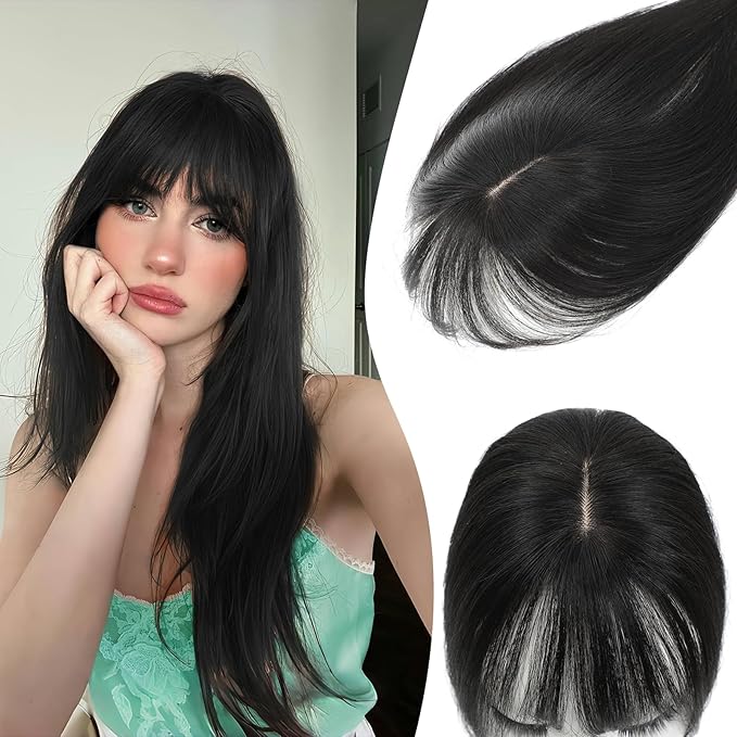 Hair Toppers for Women Real Human Hair, 360°3D Bangs Clip Human Toppers for Women with Thinning hair Realistic Scalp Line (Black, 3D Wispy Bangs(11 * 7))
