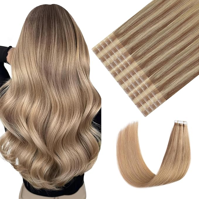 Youngsmile Injection Tape in Hair Extensions Human Hair Balayage #10/27/27 Golden Brown to Caramel Blonde 20pcs 45g 20 Inch Injected Tape in Hair Extensions Seamless Remy Human Hair (#10/27/27,20'')