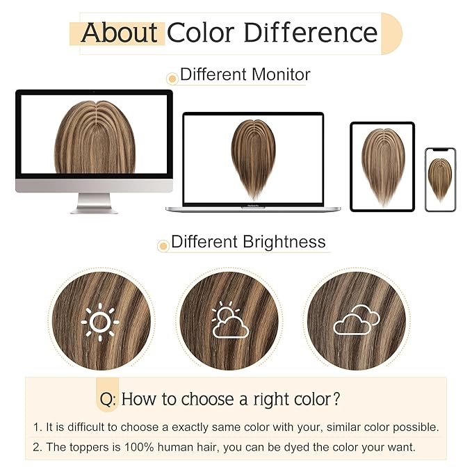 SEGO Human Hair Toppers for Women With Thinning Hair, 7 * 13CM Silk Base 100% Real Human Hair Clip in Top Wiglet Hairpieces /16 Inch No Bangs Medium Brown&Dark Blonde