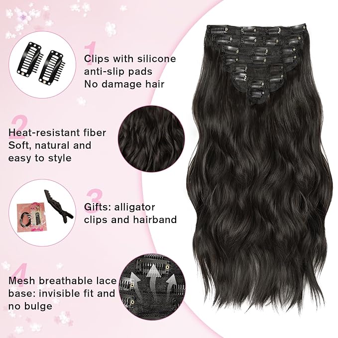 Hair Extensions Clip Ins, 8PCS 20 Inch Natural Black Clip in Hair Extensions, Synthetic Long Wavy Curly Hair Extension, Full Head Thick Hairpieces for Women