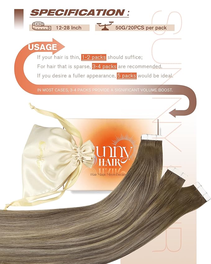 Sunny Hair Tape in Hair Extensions Human Hair 22 Inch Hair Extensions Real Human Hair Tape in Extensions for Women Cool Brown to Light Brown Balayage Blonde Invisible Remy Hair Skin Weft 20Pcs 50g