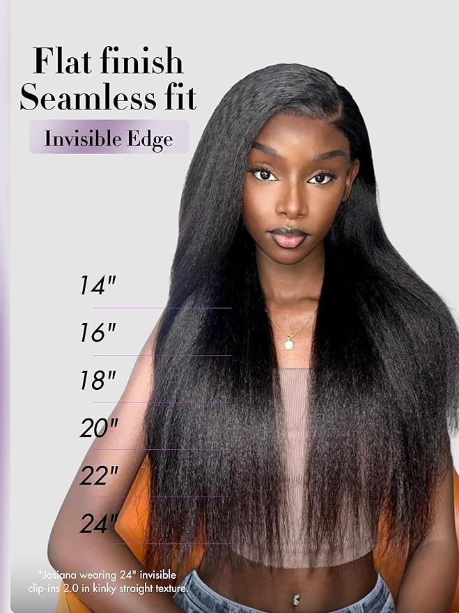 LUVME Invisible Clip in Hair Extensions, Kinky Straight Real Human Hair 24 Inch 2 Pack 220g 14pcs Clip ins Hair Extensions Natural Black for Women
