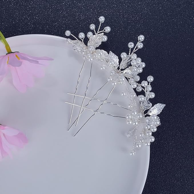 Bridal Hair Accessories, Beusoulover 3 Pieces Silver Hair Pins for Women Wedding, Bridesmaid, Flower Girl, U Shaped Bridal Flower Rhinestone Pearl Hair Pins Hair Vine Hair Piece (Silver)