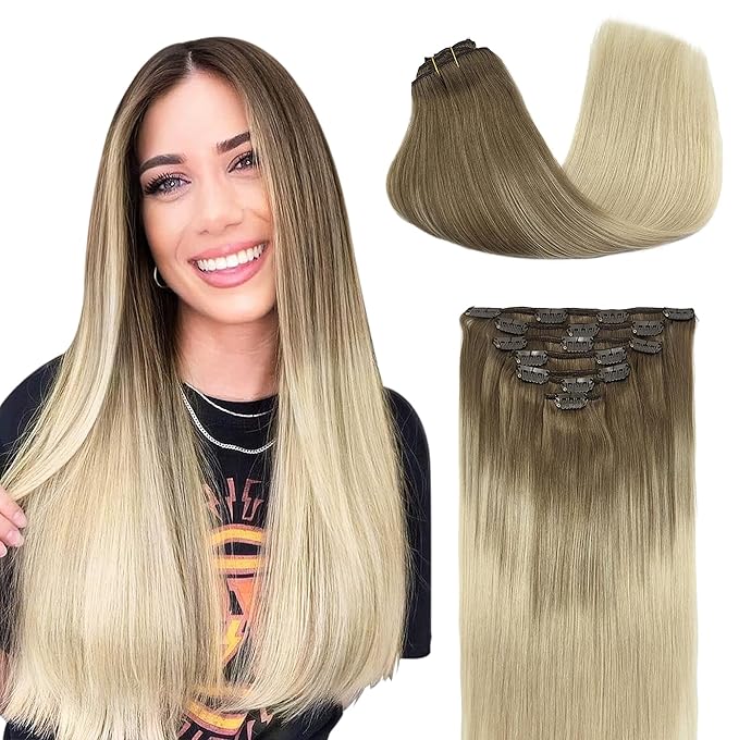 GOO GOO Clip in Hair Extensions Real Human Hair, Remy Human Hair Extensions Clip ins for Women, Natural Human Hair, 16inch 120g 7Pcs, 9/60 Balayage Ash Brown to Platinum Blonde