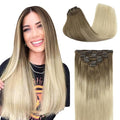 GOO GOO Clip in Hair Extensions Real Human Hair, Remy Human Hair Extensions Clip ins for Women, Natural Human Hair, 14inch 120g 7Pcs, 9/60 Balayage Ash Brown to Platinum Blonde