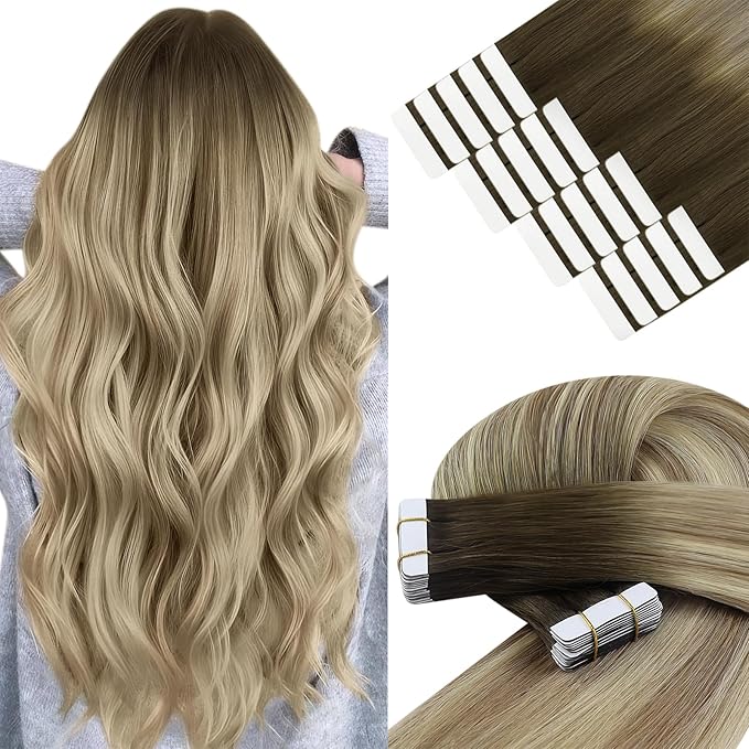 YoungSee Tape in Extensions Real Human Hair Balayage Tape in Hair Extensions Human Hair Brown Balayage Blonde Tape-in Hair Extension Real Human Hair 22In Ombre Tape-in Remy Hair Extension 20pcs 50g