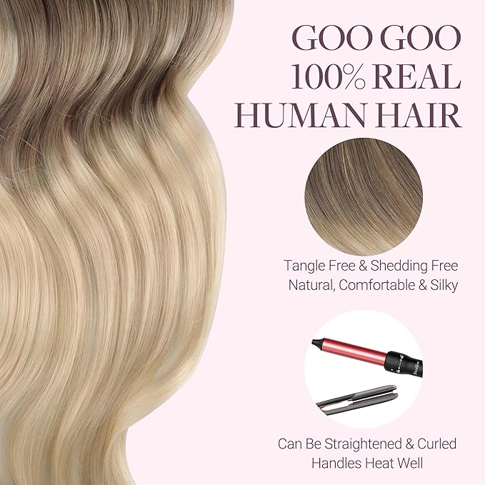 GOO GOO Tape in Hair Extensions Human Hair, 9/18J/60 Chocolate Brown to Champagne Blonde Balayage, 18inch 50g 20pcs, Skin Weft Seamless Invisible, Silky Straight with Thick Ends, Remy Human Hair