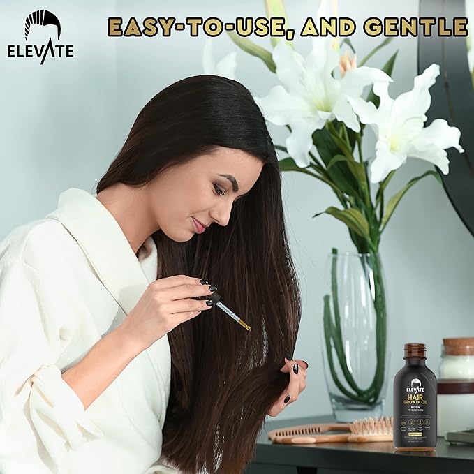Elevate Hair Regrowth Treatment 5% Minoxidil Solution – Biotin Serum Hair Growth Oil for Men & Women - Thicker Fuller Stronger Hair - Stops Hair Loss & Thinning - Natural Hair Thickening Treatment 2oz