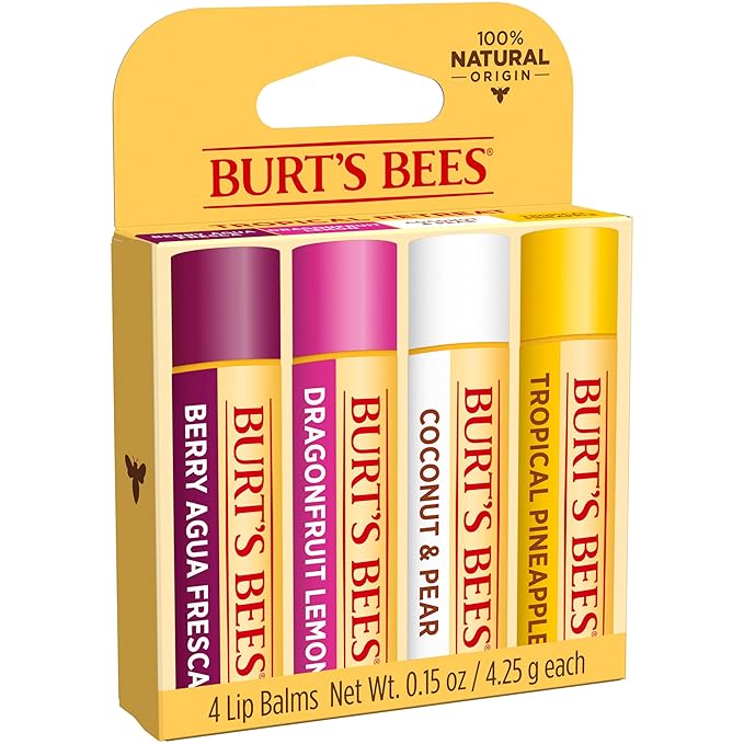 Burt's Bees Lip Balm - Berry Agua Fresca, Dragonfruit Lemon, Coconut & Pear, Tropical Pineapple Pack, With Beeswax, Tint-Free, Natural Origin Lip Treatment, 4 Tubes, 0.15 oz.
