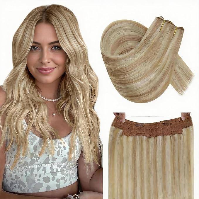 RUNATURE Wire Human Hair Extensions, Blonde Hair Extensions Real Human Hair, Headband Fish Line Extension for Women, Straight Remy Natural Hair, 12 Inch 70g #18P613 Ash Blonde Highlights
