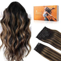 DOORES Clip in Hair Extensions, Balayage Natural Black to Chestnut Brown 24 Inch 150g 9pcs, Remy Human Hair Extensions Thick Straight