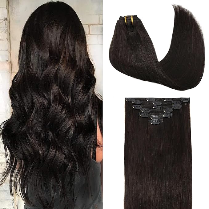 GOO GOO Clip in Hair Extensions Real Human Hair, Remy Human Hair Extensions Clip ins for Women, Natural Human Hair, 12inch 85g 7Pcs, 2 Dark Brown