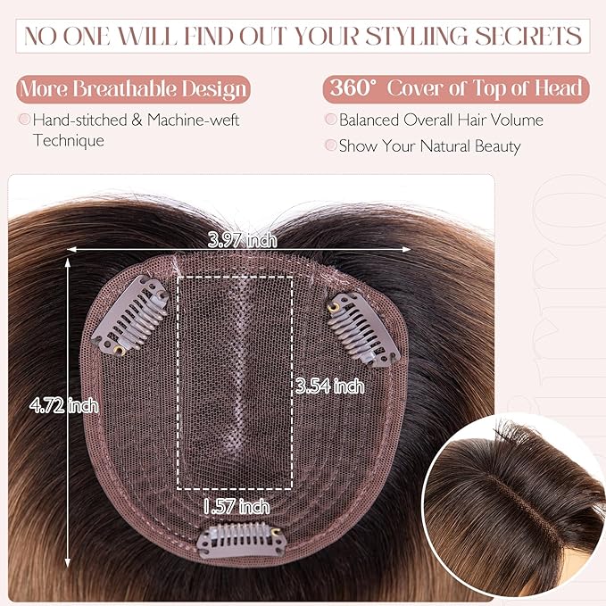 Hairro 100% Human Hair Topper No Bangs, Real Clip in Hair Hairpieces for Women, 3.94x4.72" Silk Base for Thinning Receding High Hairline, 12 Inch Natural Black to Medium Brown Middle Part