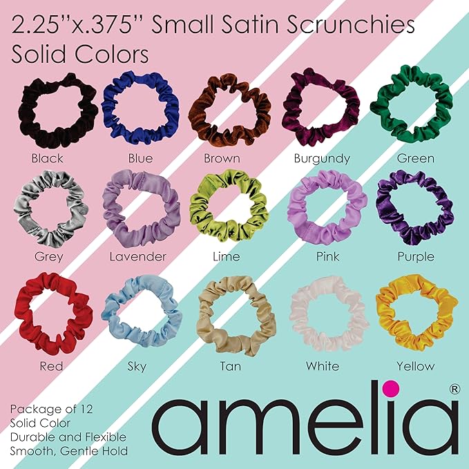 Amelia Beauty, Earth Tones Satin Small Scrunchies, 12-Pack – No Damage Hair Ties for Women, Gentle & Durable Hair Accessories, 2.5in x 0.5in