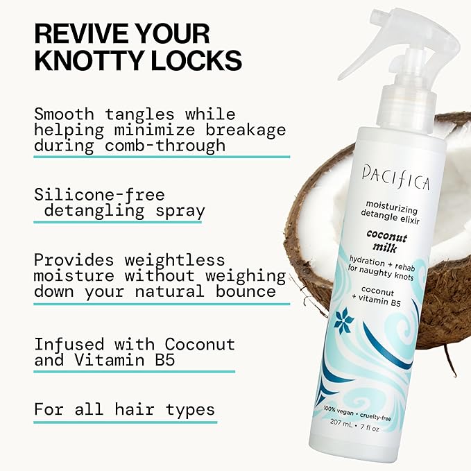 Pacifica Coconut Milk Hair Detangler Spray – Leave-In Conditioning Elixir for Tangle-Free Hair – Instantly Detangles Knots, Adds Shine & Moisture, Prevents Breakage & Frizz – Vegan & Cruelty-Free