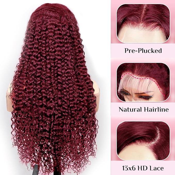 BVLBVL 32 Inch 99j 13x6 HD Lace Front Wigs Human Hair 250% Density Deep Wave Lace Front Wigs Pre Plucked Burgundy Wig Human Hair Wet And Wavy No Tangle No Shedding Triple Lifespan 3x