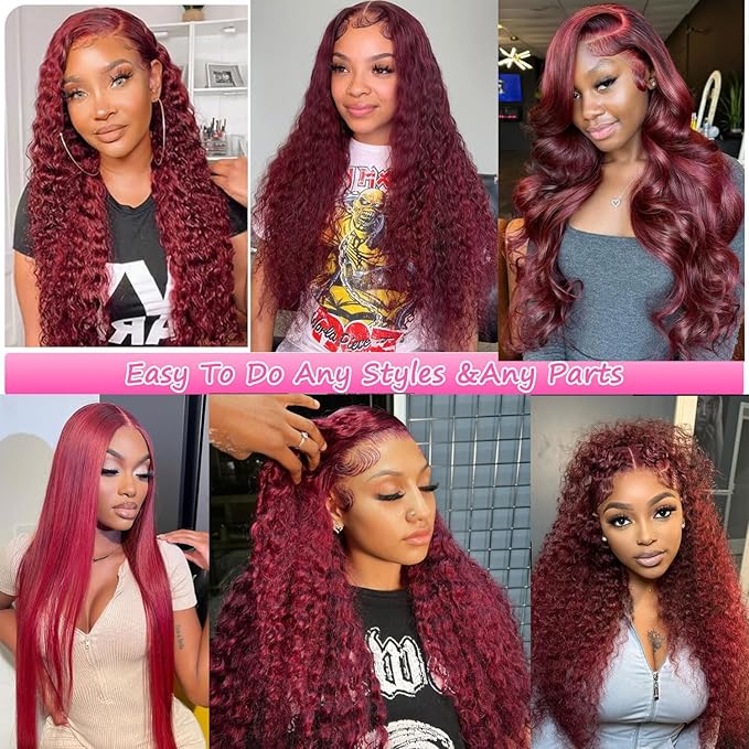 BVLBVL 36 Inch 99j 13x6 HD Lace Front Wigs Human Hair 250% Density Deep Wave Lace Front Wigs Pre Plucked Burgundy Wig Human Hair Wet And Wavy No Tangle No Shedding Triple Lifespan 3x