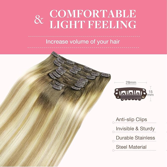 GOO GOO Clip in Hair Extensions Real Human Hair, Remy Human Hair Extensions Clip ins for Women, Natural Human Hair, 20inch 150g 9Pcs, 5A/90/16F Bahamian Balayage