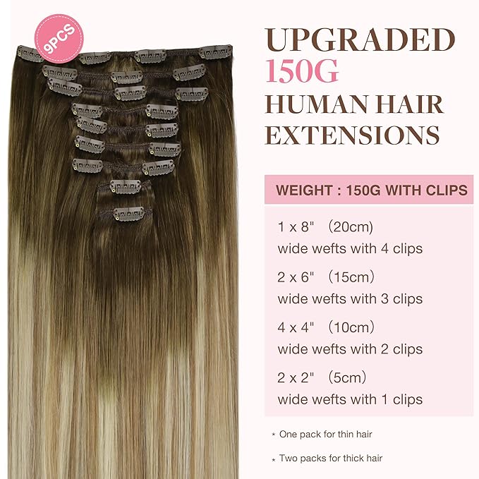 GOO GOO Clip in Hair Extensions Real Human Hair, Remy Human Hair Extensions Clip ins for Women, Natural Human Hair, 14inch 150g 9Pcs, 3/8/613 Balayage Walnut Brown to Ash Brown and Bleach Blonde