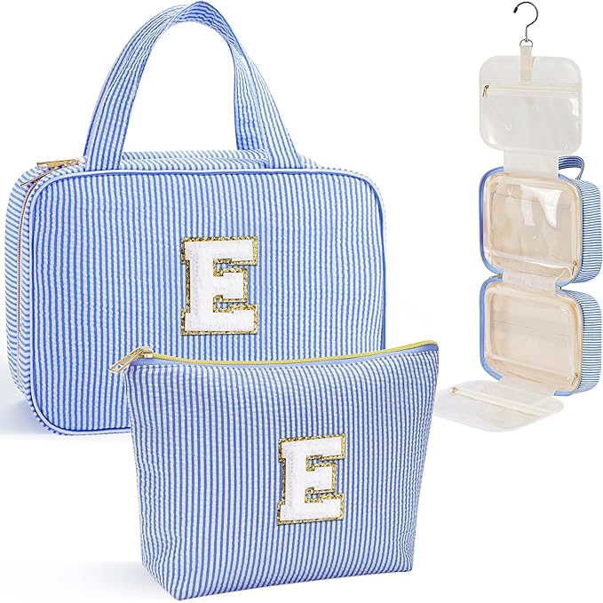 YOOLIFE Teen Girl Gifts Trendy Stuff - Birthday Gifts for 7 8 9 10 11 12 13 14 15 16 17 18 Year Old Teen Girls, Hanging Toiletry Bag Initial Makeup Bag - Letter E, Blue