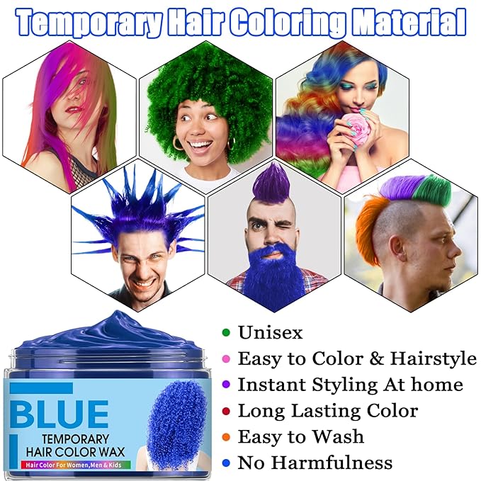 6 Color Temporary Hair Color Wax,Christmas Gifts,Stocking Stuffers for Kids, Blue Green Purple Pink Orange Red Hair Dye Natural Instant Hair Wax Color,DIY Temporary Hair Color for Kids Teens Women Men