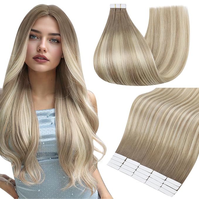 Full Shine Human Hair Tape in Extensions 24 Inch Color 19/8/60 Brown and Blonde Invisible Double Sided Remy Tape Ins Human Hair Extensions 50g Straight Seamless Extensions for Women Real Hair 20PCS