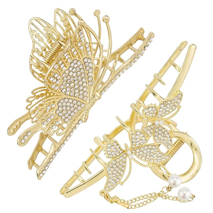 2PCS Gold Double Butterfly Rhinestone & Pearl Claw Clips, Bling Large Hair Clips for Women Thick Hair, Chic Hair Accessories