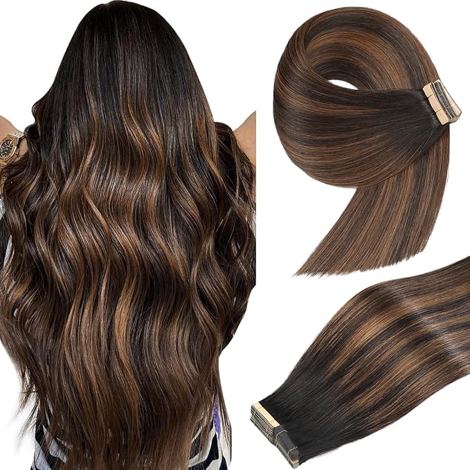 Tape in Hair Extensions Human Hair 20pcs Remy Hair Extensions Real Human Hair 18 Inch Balayage Natural Black Mixed Chestnut Brown Straight Invisible Human Hair Tape in Extensions (1B/1B/6#,18 Inch)