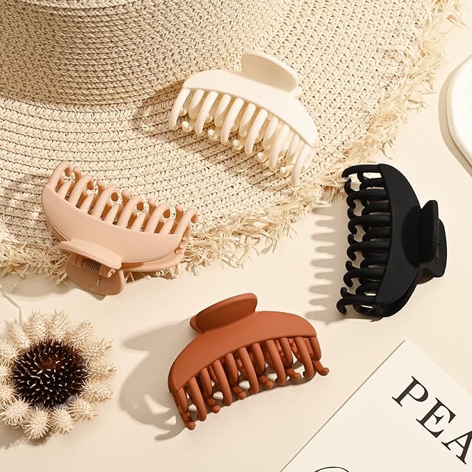 DEEKA 4 PCS Double Row Teeth Hair Claw Clips 2.5" Medium Hair Clips for Thin Hair Small Matte Clips Short Fine Hair Accessories for Women and Girls -Black Brown