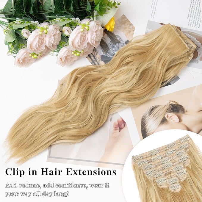 Hair Extensions for Women, 8PCS 20Inch Honey Blonde Mix Beach blonde Clip in Hair Extensions, Synthetic Long Wavy Curly Clip Ins, Full Head Thick Hairpieces for Women