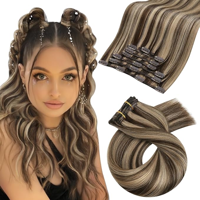 Moresoo Clip in Hair Extensions Remy Double Weft Human Hair Clip in Extensions Straight Hair Extensions for Women Dark Brown Highlight with Caramel Blonde 7pcs 120g 24inch