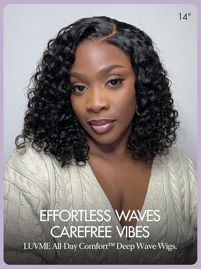 LUVME HAIR Curly Deep Wave Glueless Lace 100% Human Hair Short Wigs 12 Inches Pre Cut Plucked Hd Lace Wig Ready To Go Natural Color Bleached Knots Side Part Black Wigs 12 Inches