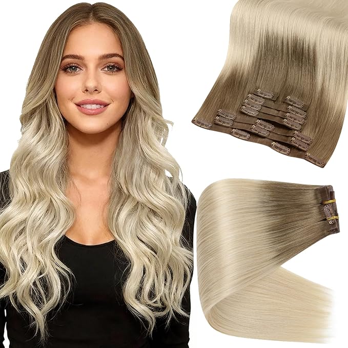 Full Shine Human Hair Clip in Extensions Brown Ombre Hair Extensions Clip ins Light Brown Ombre Platinum Blonde Short Clip ins Full Head 12 Inch 8 PCS 95 G