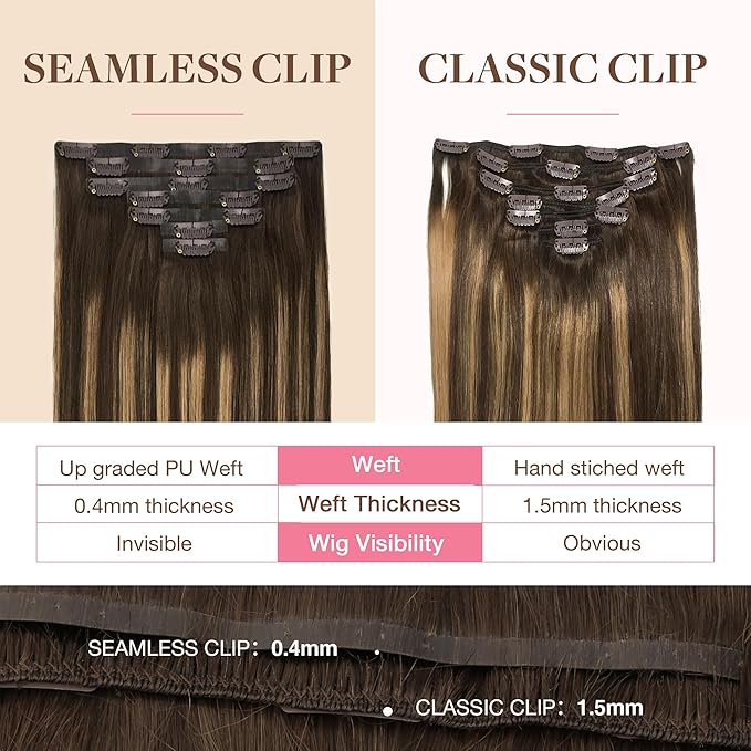 GOO GOO Clip in Hair Extensions Real Human Hair, Remy Human Hair Extensions Clip ins for Women, Natural Human Hair, 20inch 130g 7Pcs, #4/27/4 Balayage Chocolate Brown to Caramel Blonde