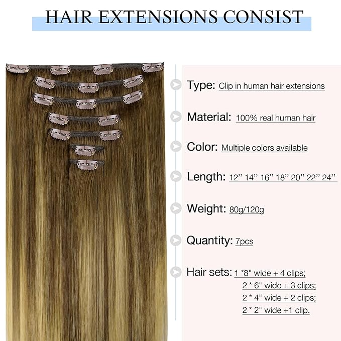 DOORES Remy Human Hair Extensions Clip in, Medium Brown Highlighted Dirty Blonde 16 Inch 7pcs 120g, Clip in Hair Extensions Real Natural Hair Extensions Straight Thick
