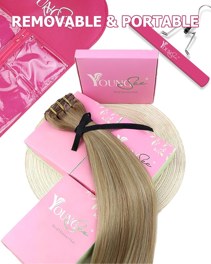 YoungSee Balayage Clip in Hair Extensions 24 inch Human Hair Clip in Extensions Ombre Clip in Hair Extensions Human Hair Light Brown Mix Platinum Blonde Long Straight Hair for Women 120G 7Pcs
