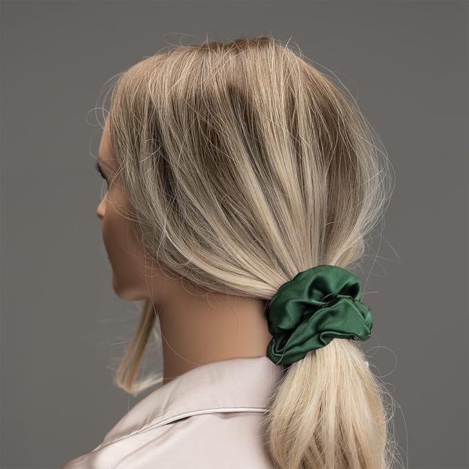 Silk Scrunchies for Hair 100% Mulberry Silk Hair Ties 3 Pack(Black, Navy Blue, Emerald)