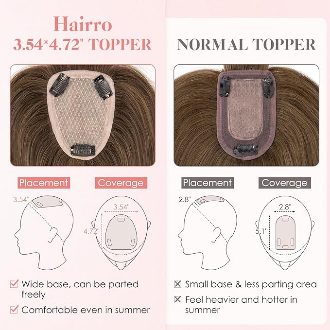 Hairro Human Hair Toppers with Wispy Bangs, 3.5x4.7" Hand-wovened Base for Women with Thinning Hair, Lightweight & Breathable Realistic Scalp, Clip-in Hairpieces for Easy Wear, 10 Inch Cocoa Brown