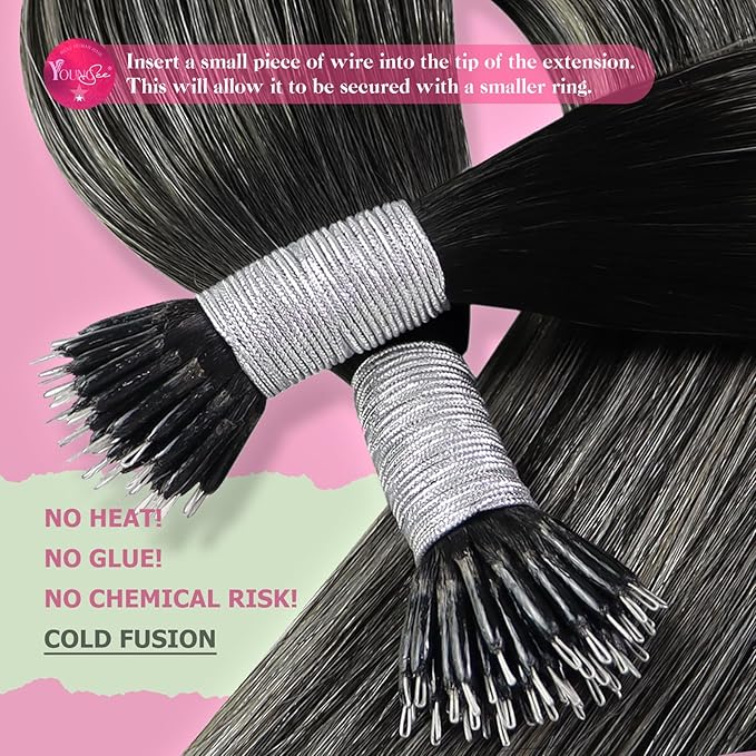 YoungSee Nano Ring Hair Extensions Black Ombre Nano Hair Extensions Human Hair Ombre Black to Silver Nanobead Extension Silver Nano-Loop Remy Hair 1g/s 50g 24in for Everyday Wear