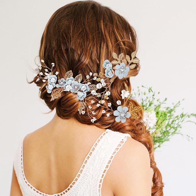 Wedding Flower Hair Accessories for Women: 4pcs Leaf and Flower Hair Combs for Women Accessories - Crystal Pearl Wedding Flower Clips Headpiece for Brides Bridesmaids Girls Updo (Blue)