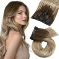 Moresoo Balayage Clip in Hair Extensions Medium Brown to Light Brown with Medium Blonde Ombre Clip in Human Hair Extensions Remy Human Hair Long Full Head 120g/7pcs 20in