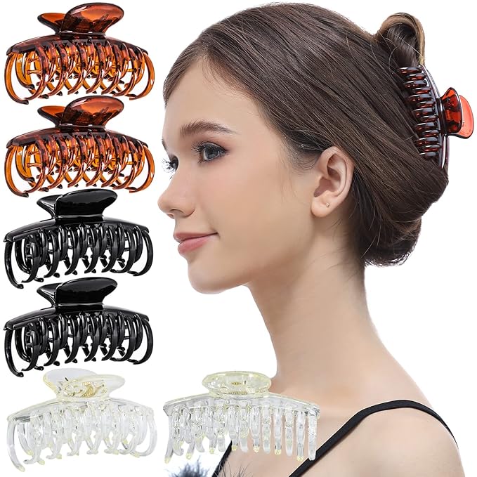 RC ROCHE 6 Pcs Double Claw Hair Clip Tooth Claw Clip Grip Tooth Jaw Clamps Thin Fine Hair Strong Hold No Slip Undo Clutchers for Women, Medium Clear Brown and Black