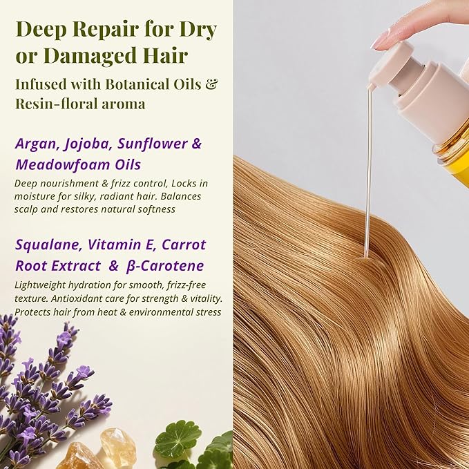 Leave-In Hair Oil – Moisturizing Blend with Jojoba & Argan Oils, Frankincense & Lavender Aroma, Deep Nourishment & Frizz Control, Ideal for Dry or Damaged Hair, 3.4 fl oz / 100 ml
