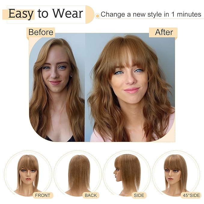 SEGO Hair Toppers for Women Real Human Hair With Bangs, 7 * 13CM Silk Base 100% Remy Human Hair Clip in Top Wiglet Hairpieces Add Volume -12 Inch Light Brown