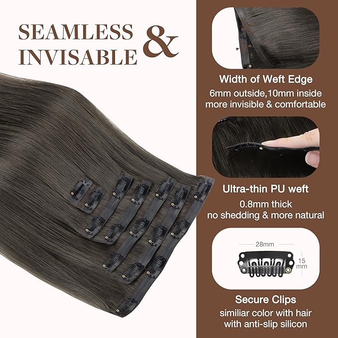 GOO GOO Clip in Hair Extensions Real Human Hair, Remy Human Hair Extensions Clip ins for Women, Natural Human Hair, 16inch 130g 7Pcs, 1C Mocha Brown