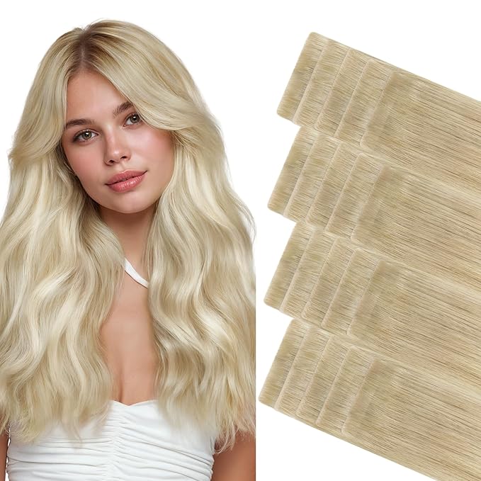 GOO GOO Invisi Edge Tape in Hair Extensions Human Hair, 18ET90A Natural Blonde Balayage 20pcs 16inch 50g, Virgin Remy Hair, Seamless Injected Tape, Natural Look