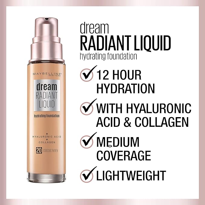 Maybelline Dream Radiant Liquid Medium Coverage Hydrating Makeup, Lightweight Liquid Foundation, Fair Ivory, 1 Count